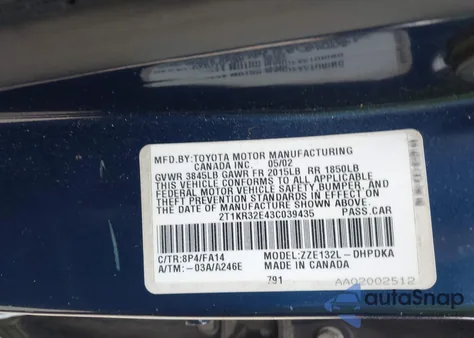 2003 Toyota Matrix Standard из США, поврежденный, VIN 2T1KR32E43C039435